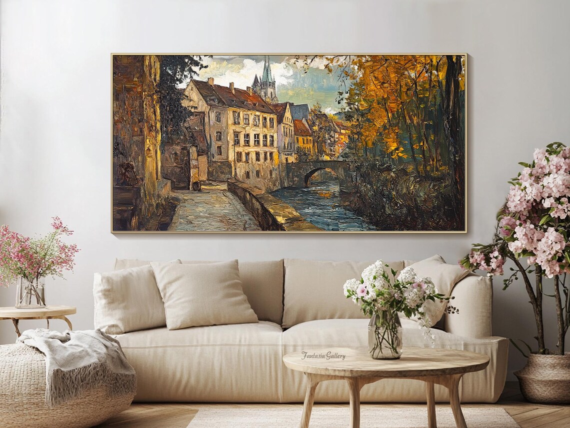 European Old Town Riverside Autumn Impasto Oil Painting Landscape Art - Image 2