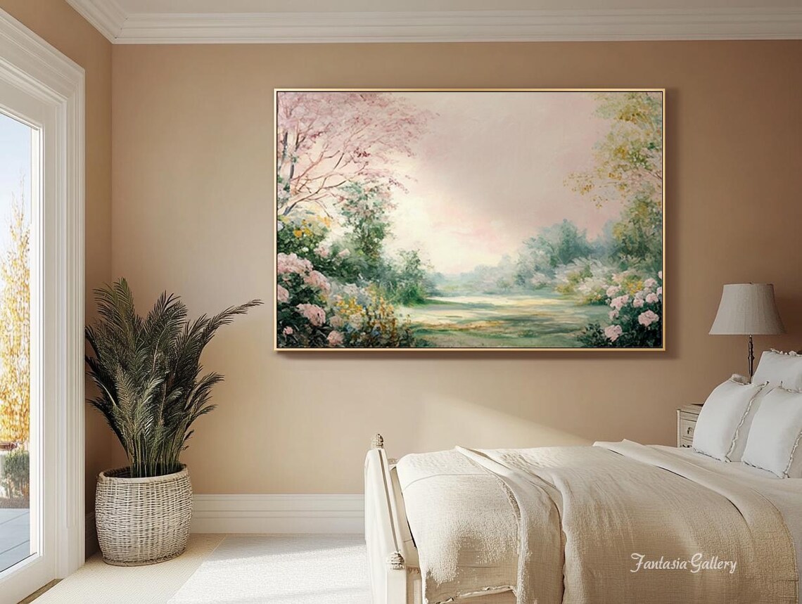 Spring Garden Blooming Trees Pink Blossoms Landscape Oil Painting Art - Image 2
