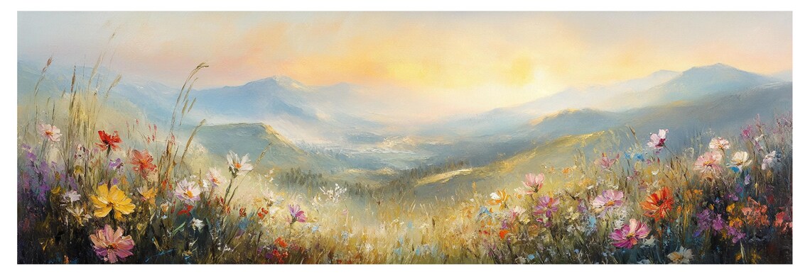 Golden Sunrise Over Wildflower Meadow And Misty Mountains Wall Art - Image 4