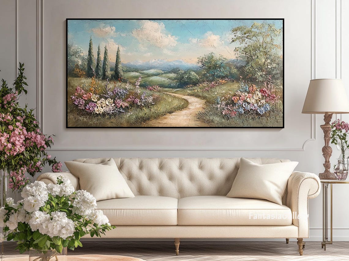 Wildflower Path Through Rolling Hills With Cypress Trees Wall Art - Image 3