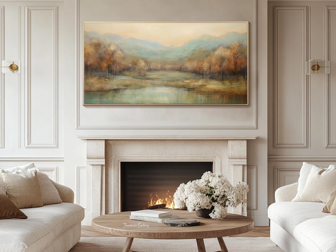 Misty Mountain Lake Dawn Tranquil Minimalist Oil Painting Wall Art - Image 4