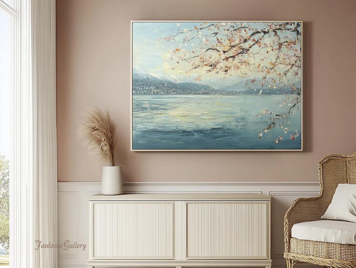 Lake Zurich Shoreline With Cherry Blossom Branches Spring Travel Print - Image 3