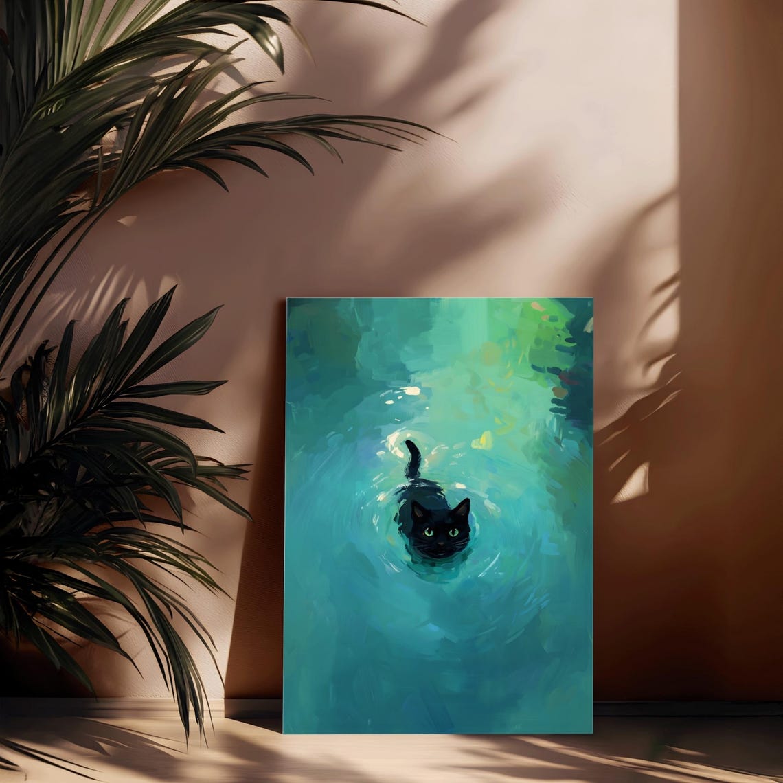 Black Cat Swimming Cute Cat Portrait Art Print - Image 2