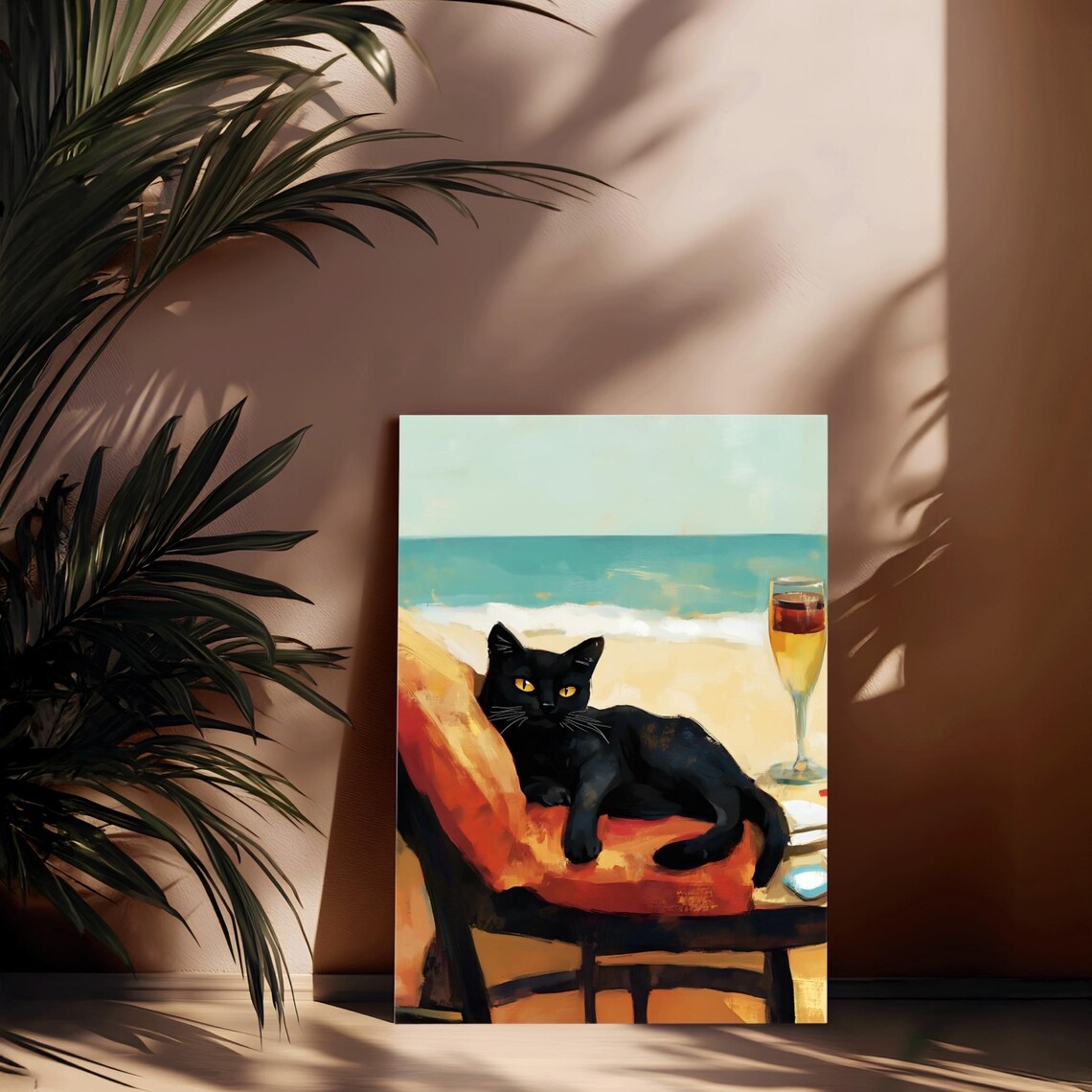 Black Cat Beach Cute Cat Portrait, Whimsical Art Print - Image 3