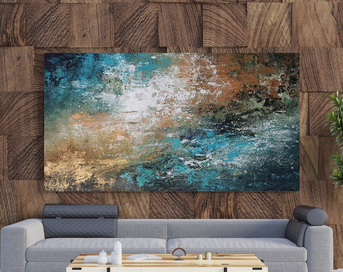 Gold and Blue Abstract Painting, Oversized Wall Art