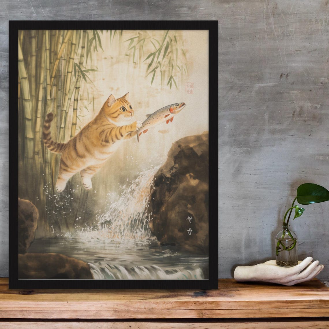 Orange Tabby Cat Catching Fish At A Waterfall In Bamboo Poster - Image 3