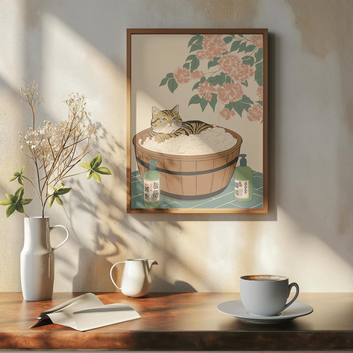 Tabby Cat In Wooden Bubble Tub Under Blossom Branches Poster - Image 7