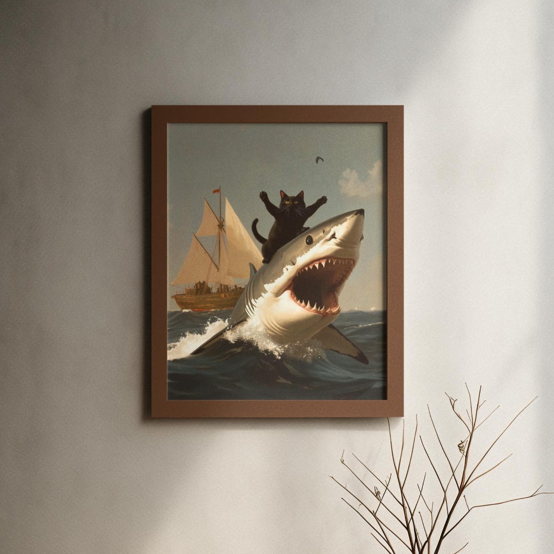 Black Cat Triumphantly Riding A Great White Shark Ocean Poster - Image 6