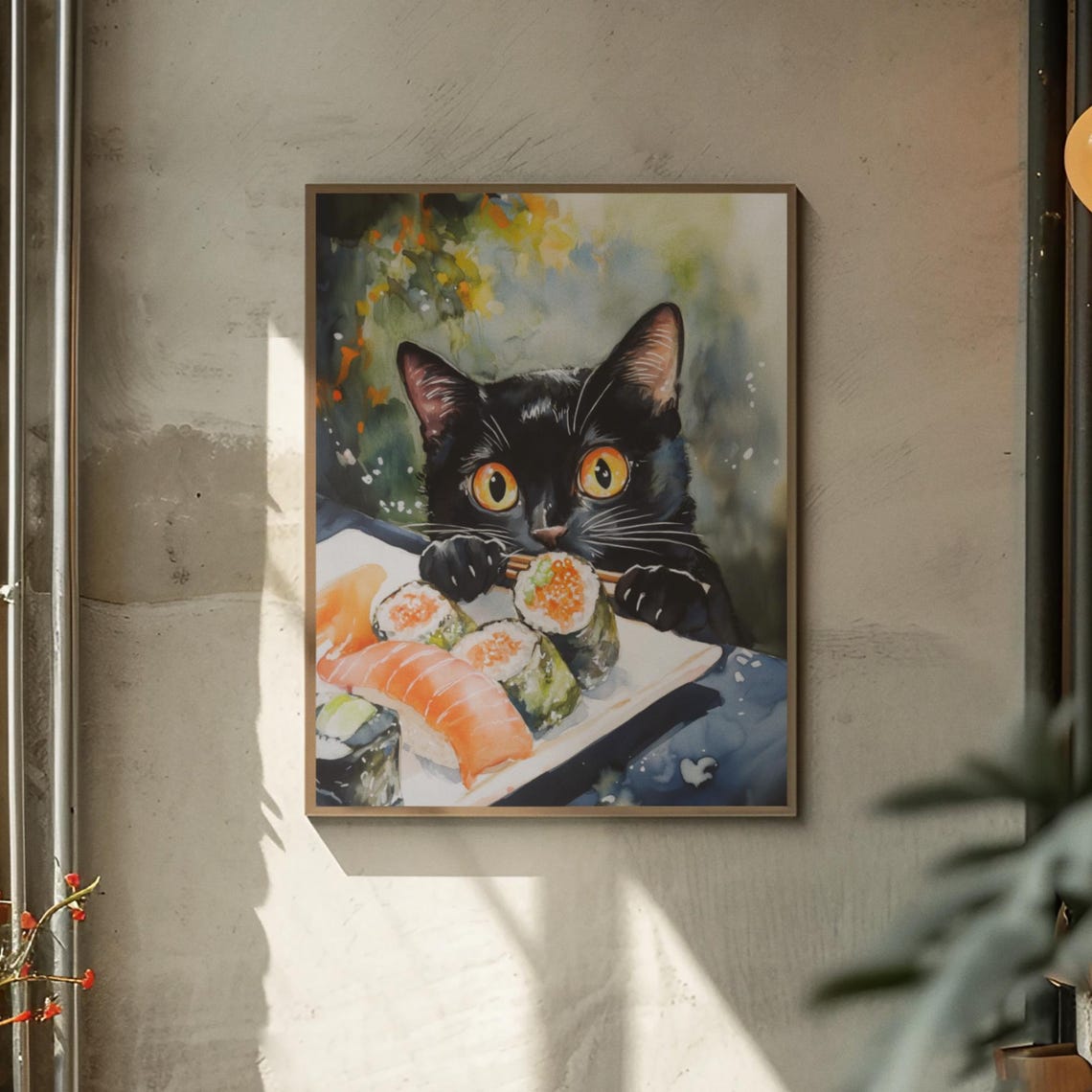 Black Cat Eyeing Sushi Plate In Loose Watercolor Style Poster - Image 2