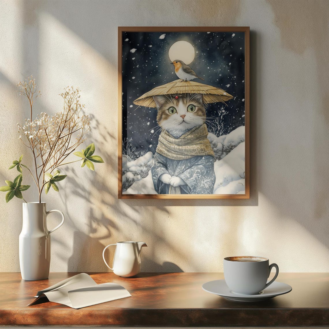 Tabby Cat In Straw Hat With A Robin Perched On A Snowy Night Poster - Image 7