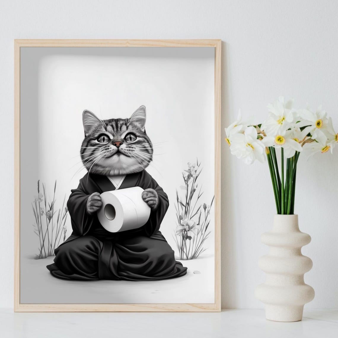 Tabby Cat In Kimono Holding A Toilet Paper Roll Bathroom Poster - Image 8