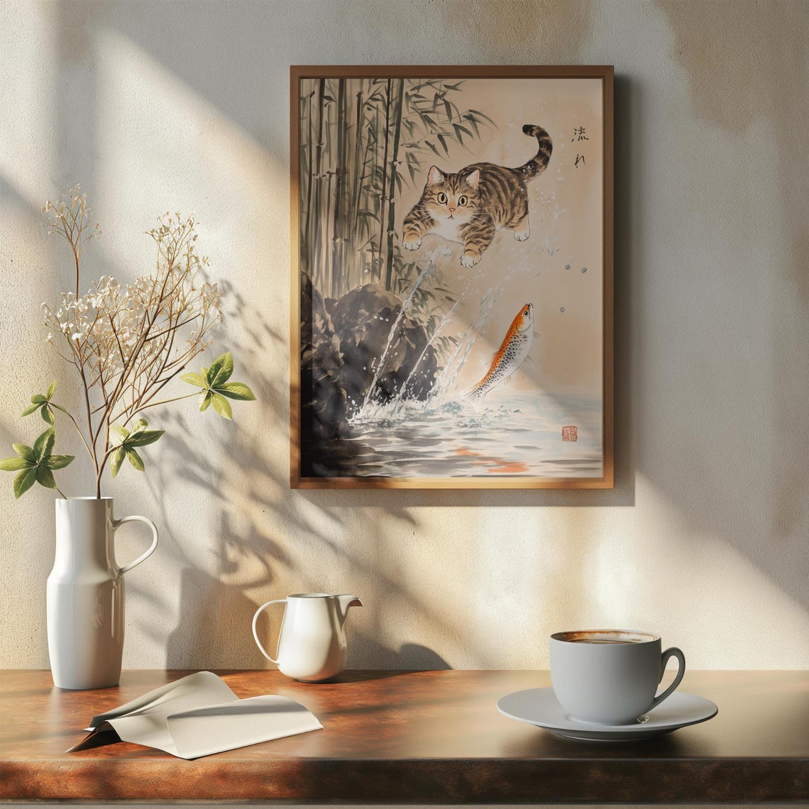 Tabby Cat Pouncing At Leaping Fish In Bamboo Ink Wash Poster - Image 7