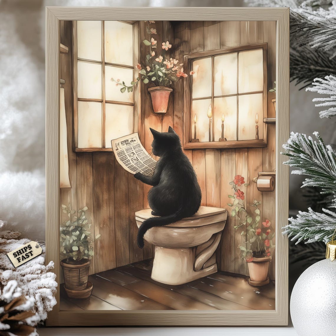 Black Cat Reading Newspaper On Toilet In Rustic Cabin Poster
