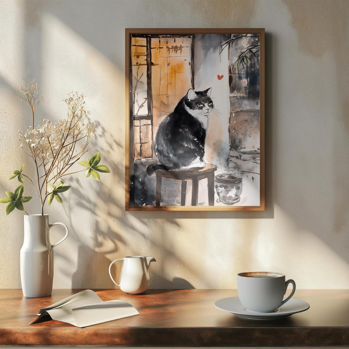 Tuxedo Cat On Stool By Glowing Shoji Window Red Heart Poster - Image 7