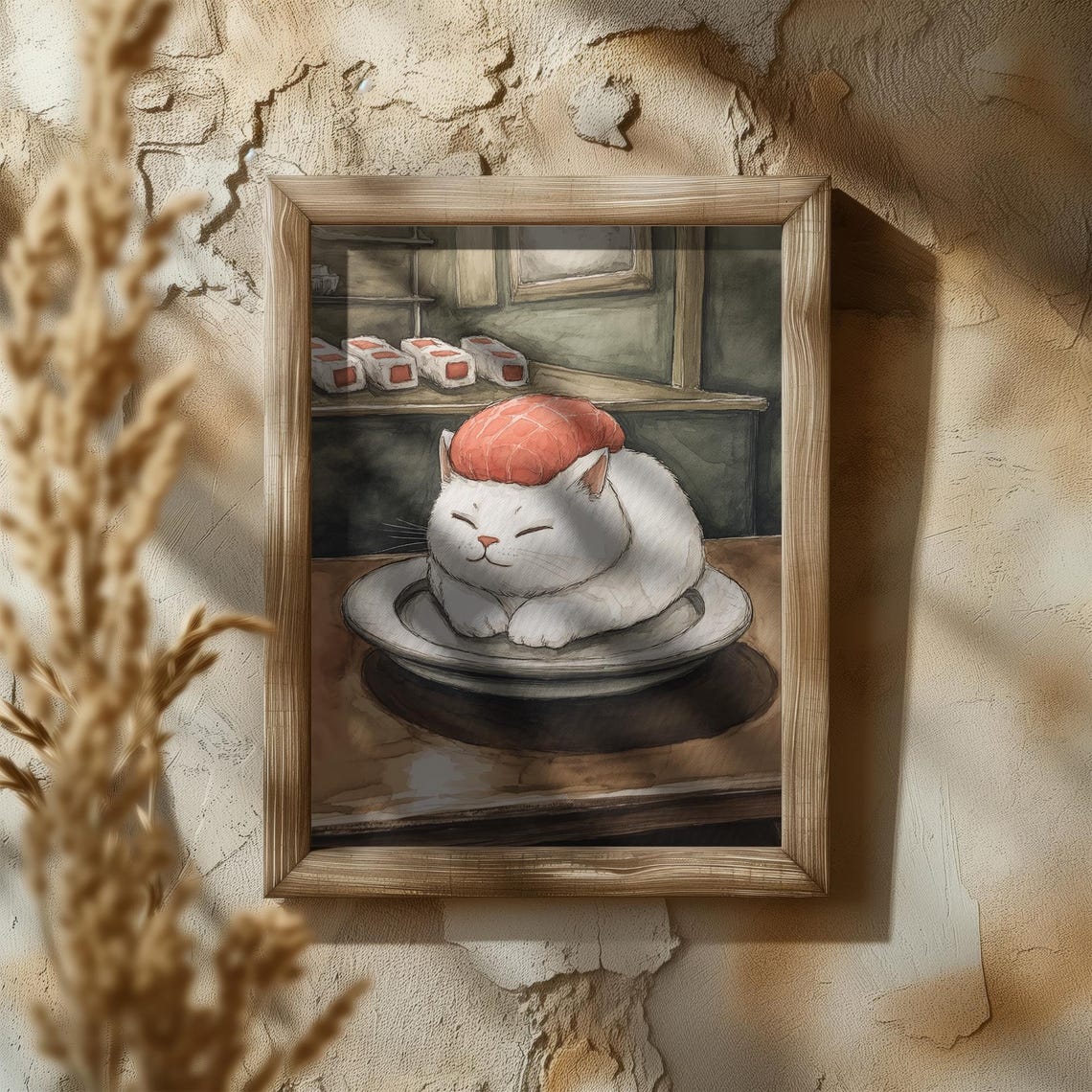 White Cat Curled Up Like Salmon Nigiri Sushi Watercolor Poster - Image 5