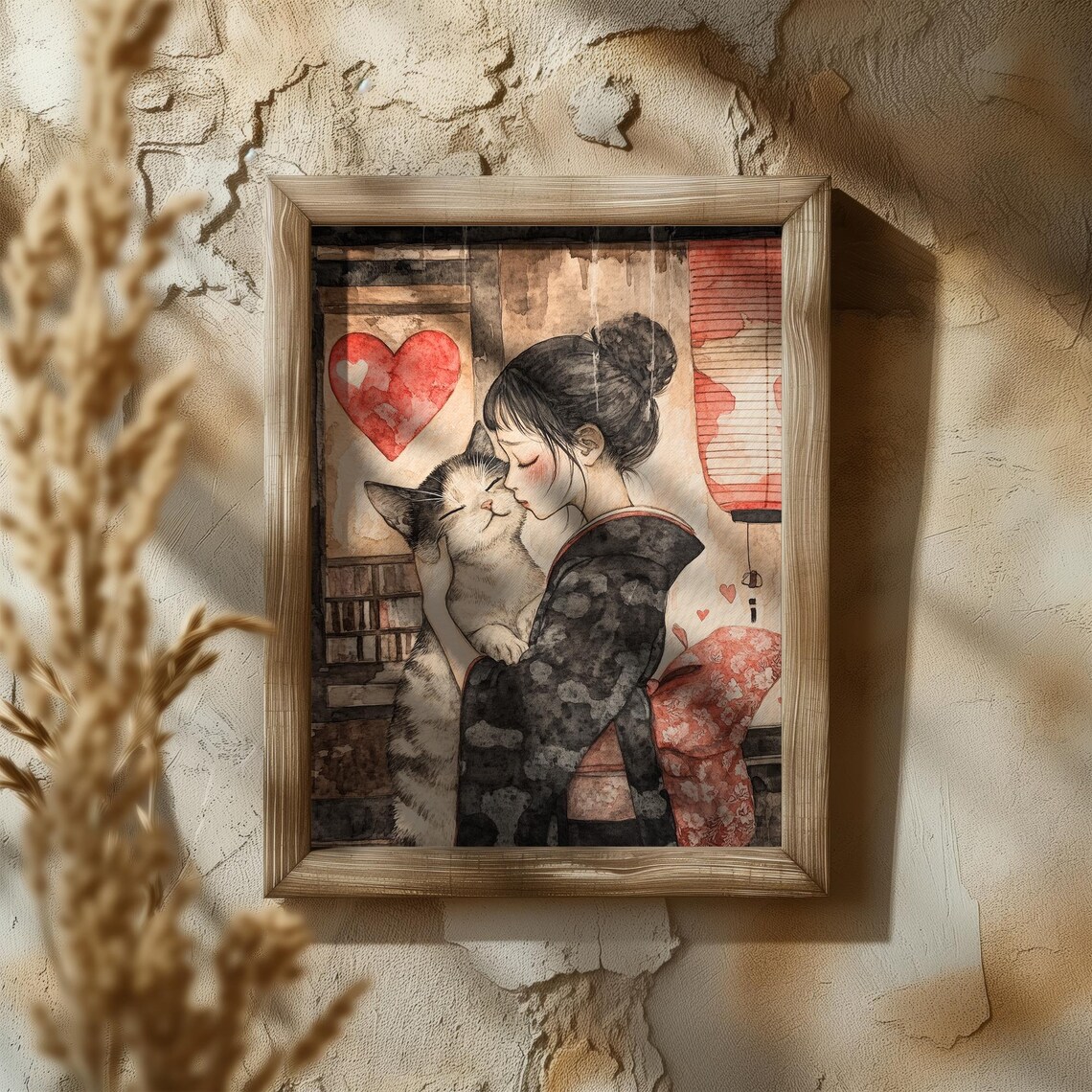 Woman In Kimono Tenderly Kissing A Tabby Cat Red Hearts Poster - Image 5