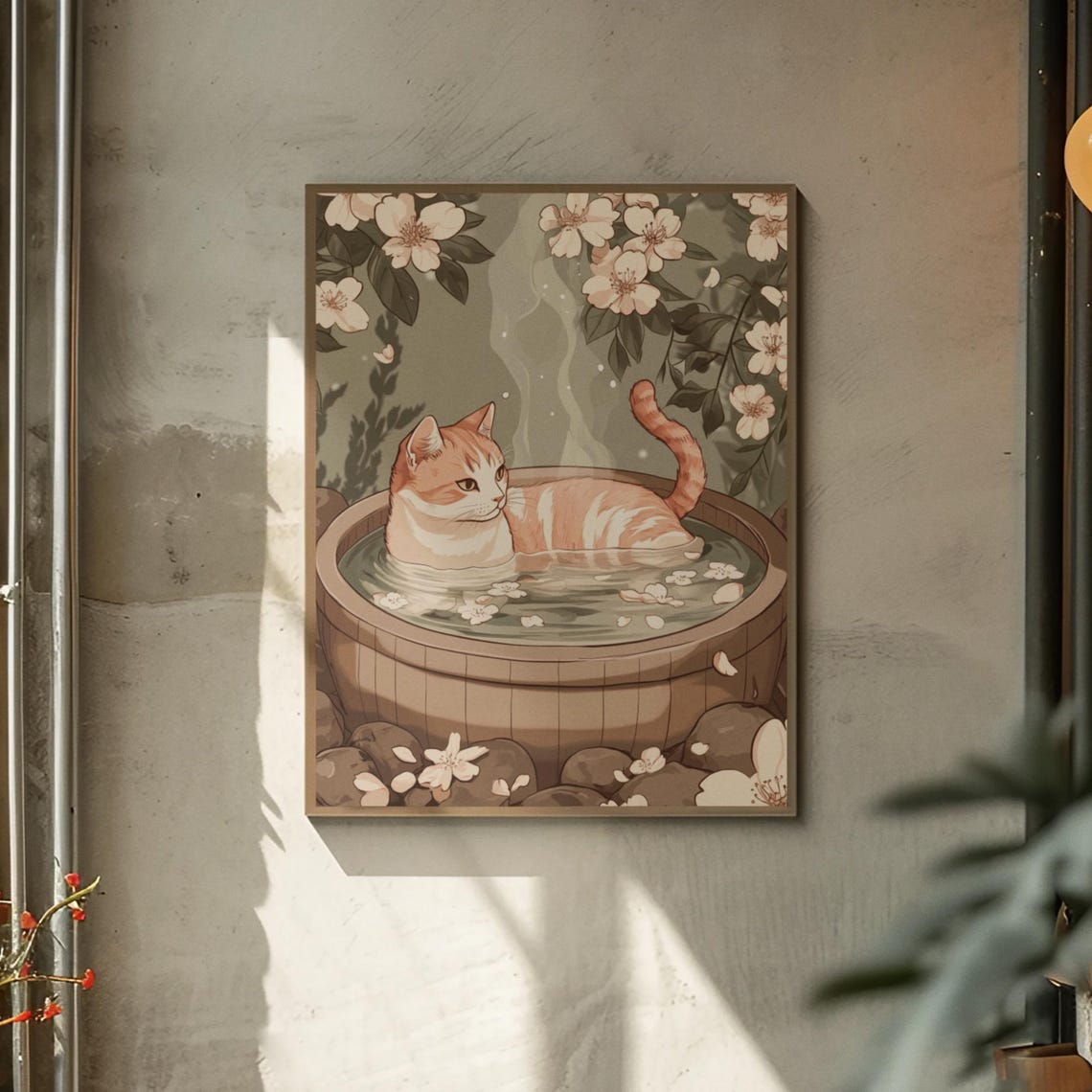 Cream Cat Soaking In Wooden Onsen With Cherry Blossom Poster - Image 3