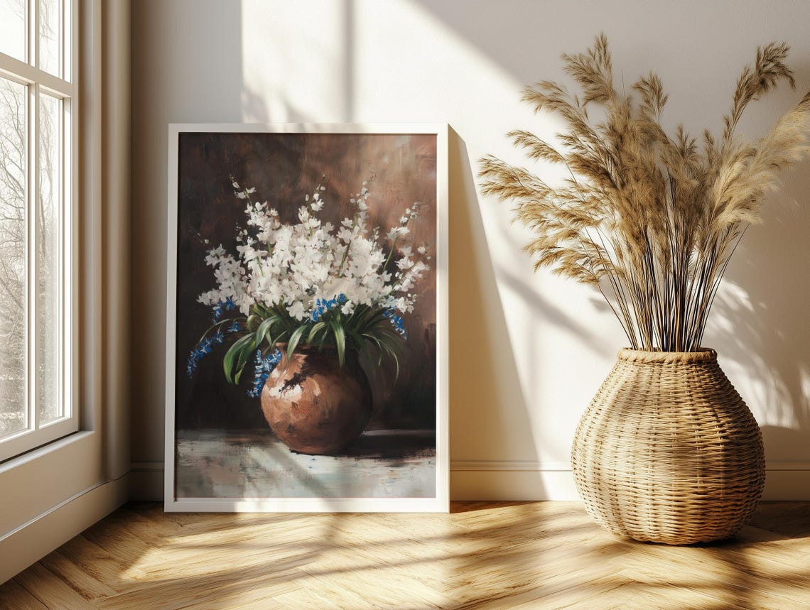 White Spring Flowers Rustic Brown Vase Vintage Oil Painting Poster - Image 2