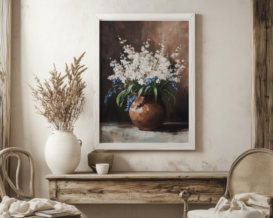 White Spring Flowers Rustic Brown Vase Vintage Oil Painting Poster - Image 3