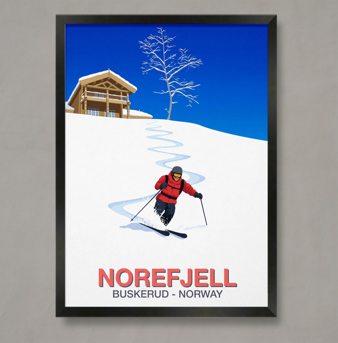 Norefjell Buskerud Norway Skier Red Jacket Chalet Mountain Ski Poster