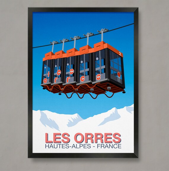Les Orres Hautes Alpes France Orange Cable Car Retro Ski Poster