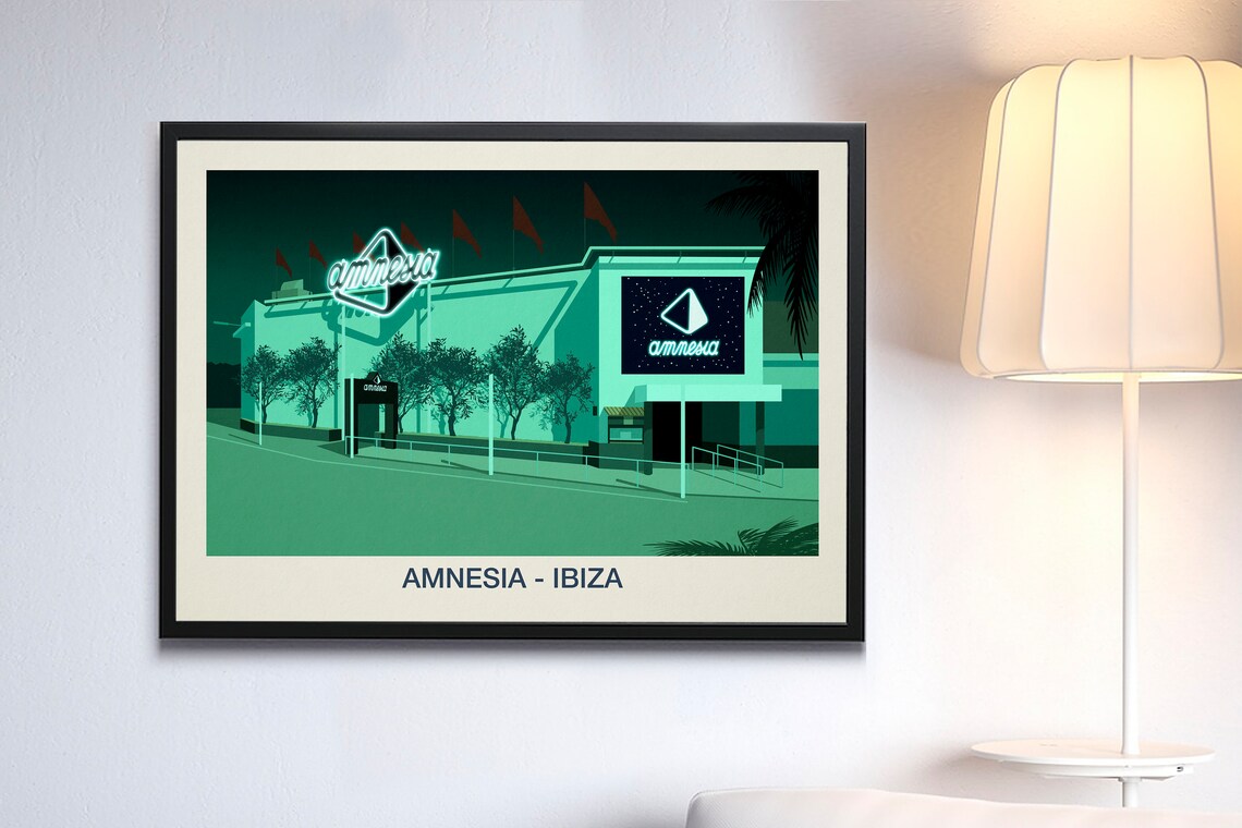 Amnesia Ibiza Nightclub Poster with Glowing Neon Sign at Night Venue - Image 3