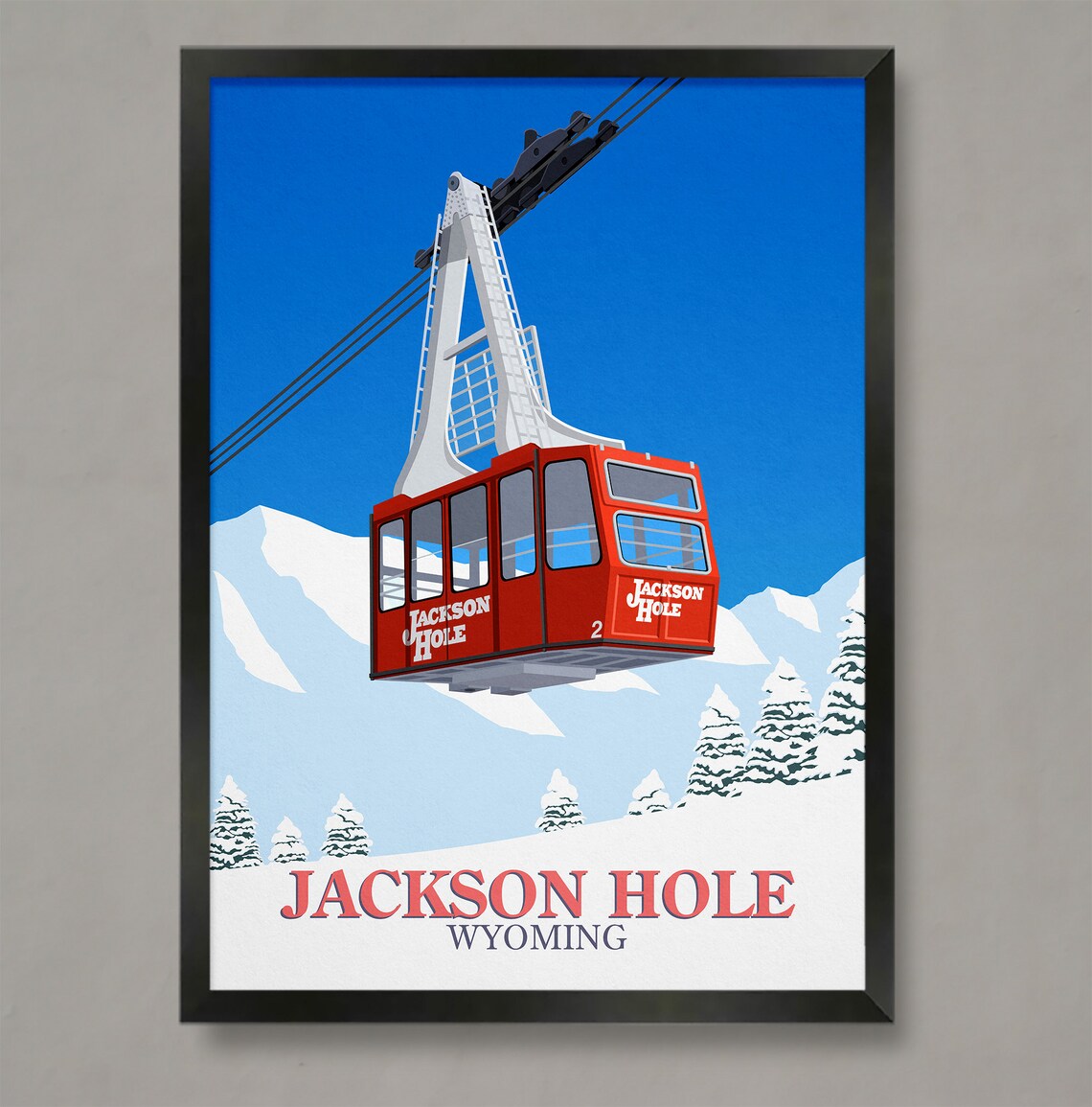 Jackson Hole Wyoming Red Aerial Tram Cable Car Ski Travel Poster