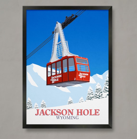 Jackson Hole Wyoming Red Aerial Tram Cable Car Ski Travel Poster