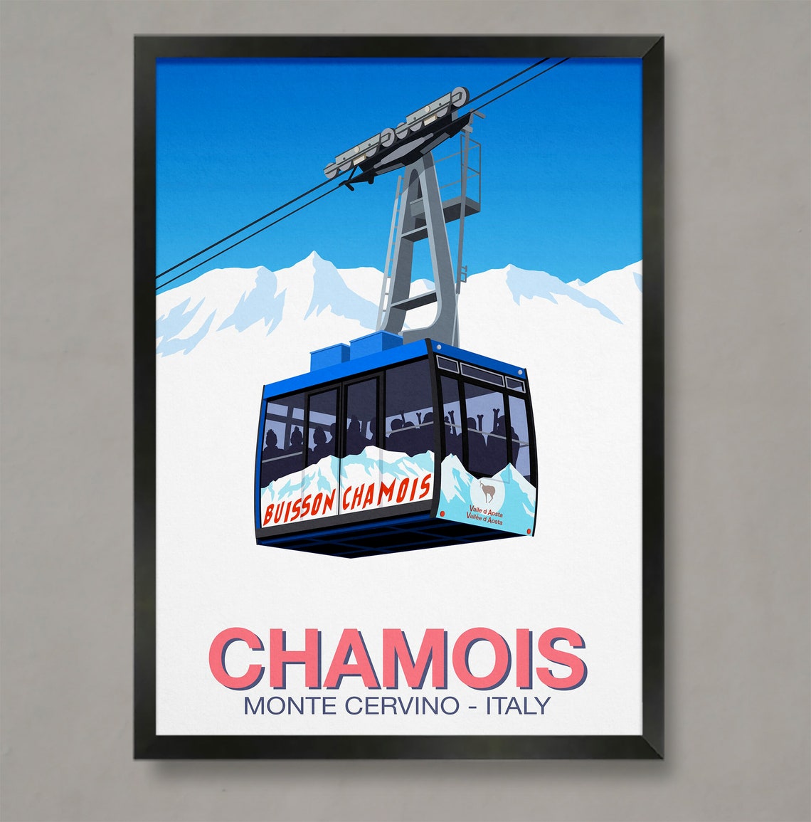 Chamois Monte Cervino Italy Blue Cable Car Gondola Ski Travel Poster