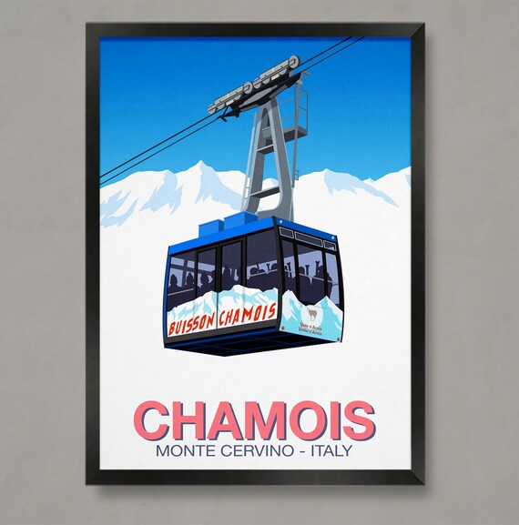 Chamois Monte Cervino Italy Blue Cable Car Gondola Ski Travel Poster
