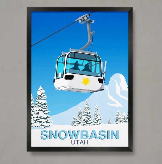 Snowbasin Utah White Gondola Cable Car Ski Resort Travel Poster