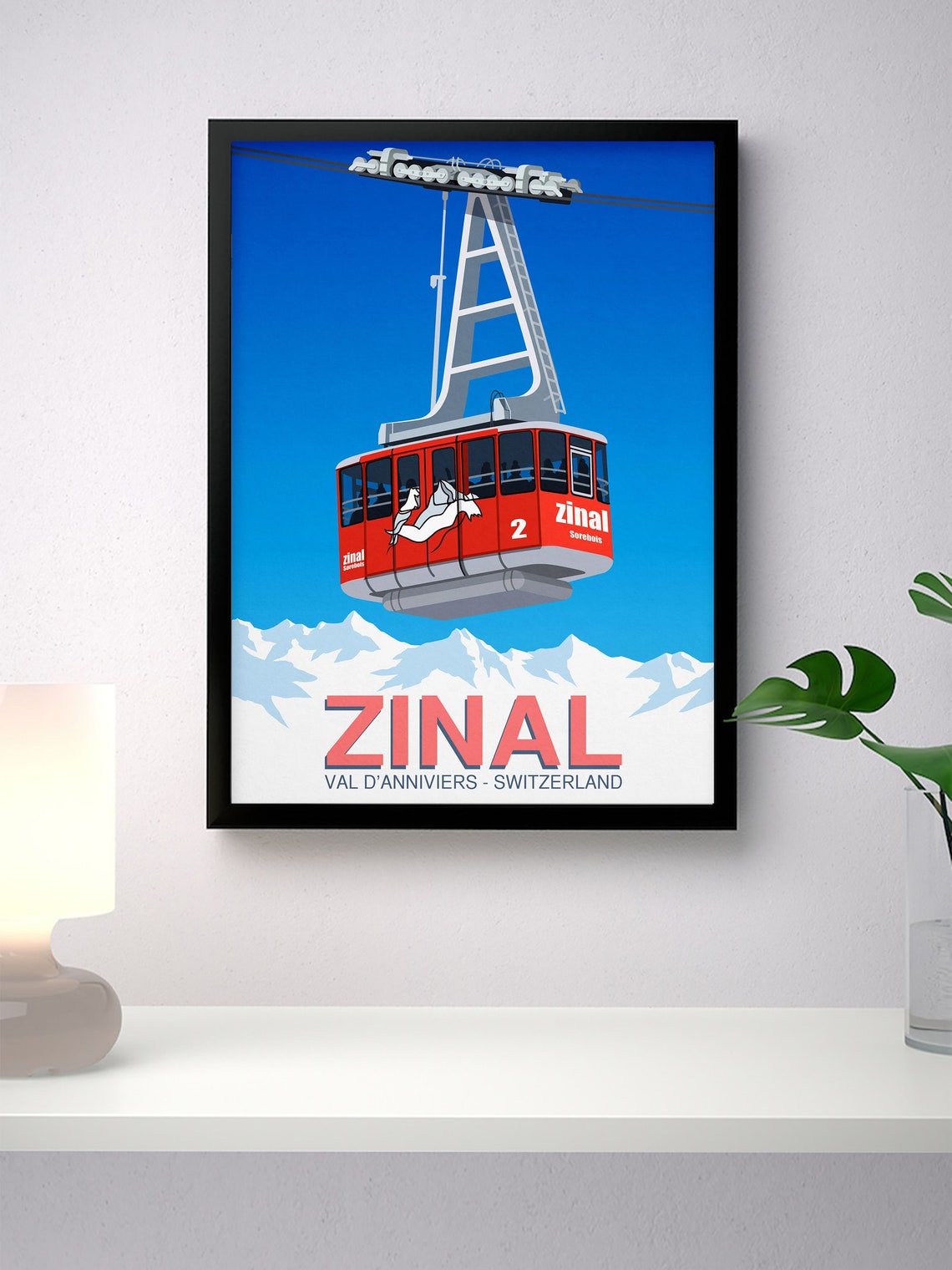 Zinal Val D Anniviers Switzerland Red Cable Car Mountain Ski Poster - Image 2