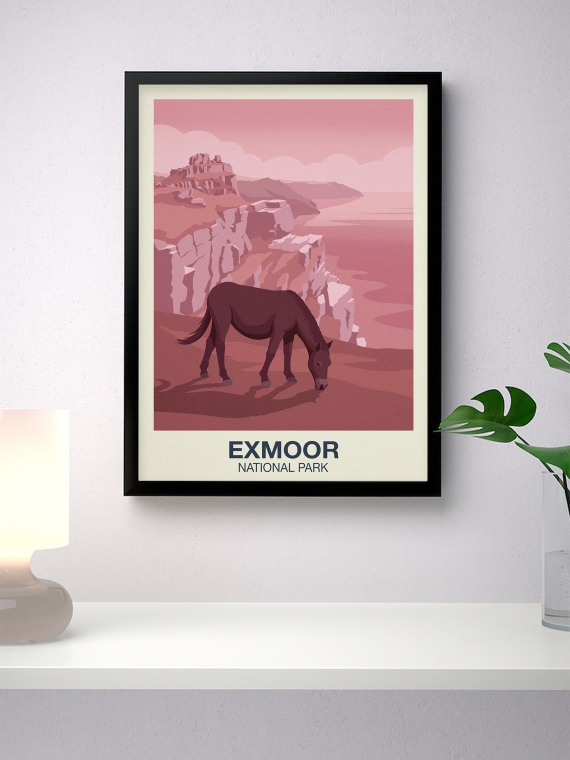 Exmoor National Park Travel Poster Pink Coastal Cliffs Pony Art - Image 3