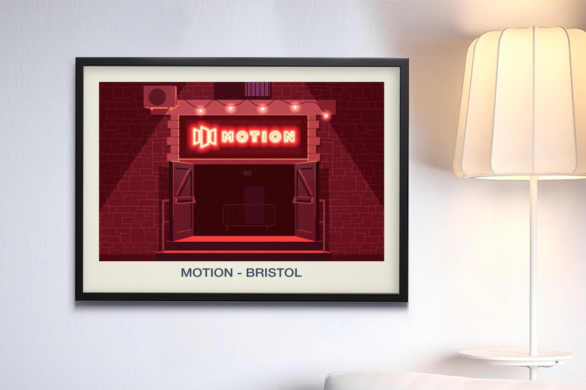 Motion Bristol Nightclub Venue Poster Red Neon Sign Brick Artwork - Image 3