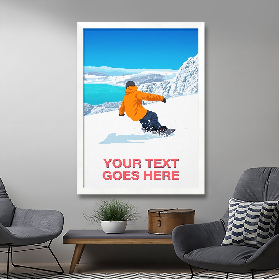 Personalised Snowboard Poster with Custom Text Rider Above Alpine Lake - Image 3