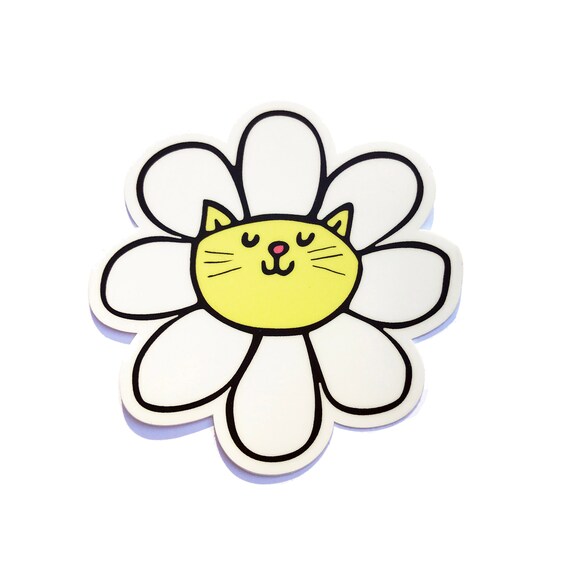 Yellow Cat Face Daisy Flower Cute Vinyl Sticker Art Wall Poster