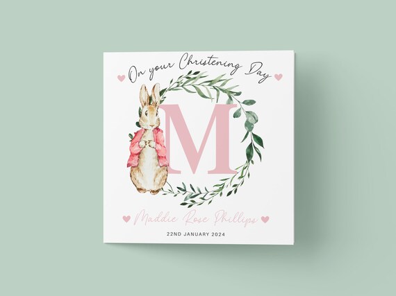 Personalized Bunny Christening Card With Initial Name and Date Watercolor Print