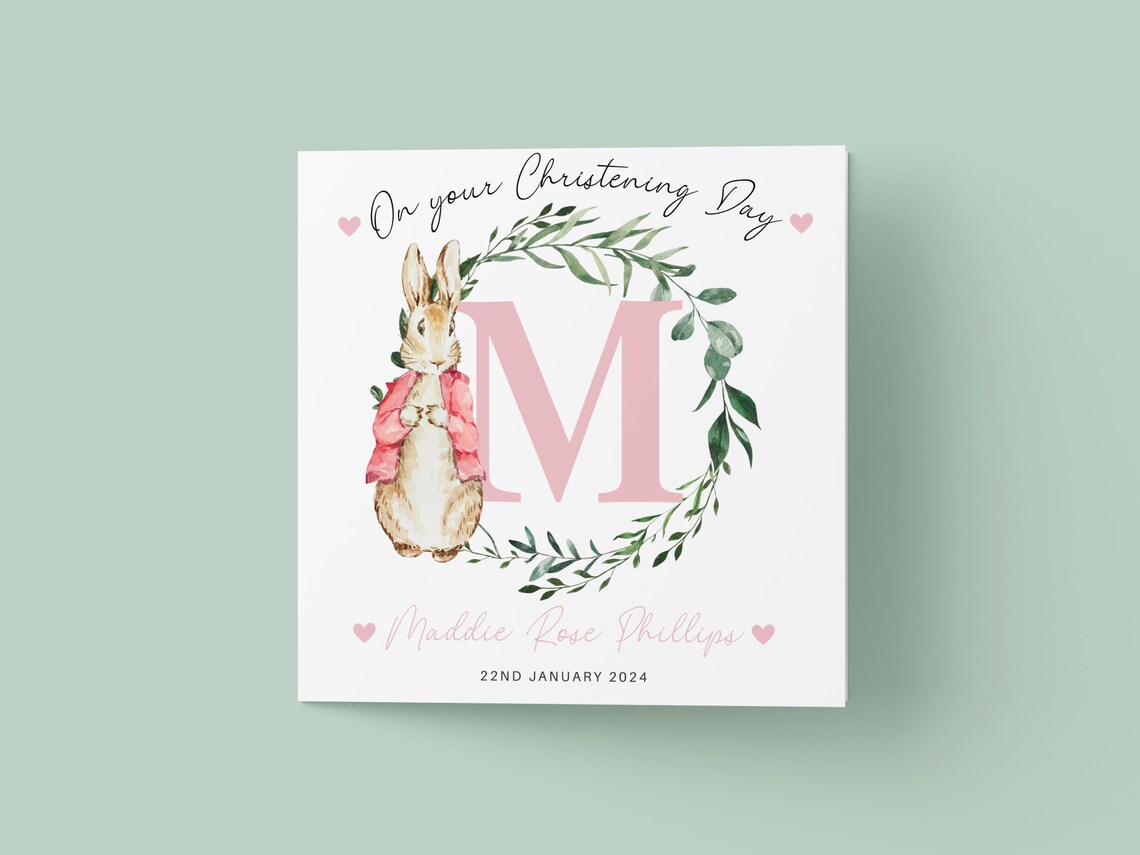 Personalized Bunny Christening Card With Initial Name and Date Watercolor Print