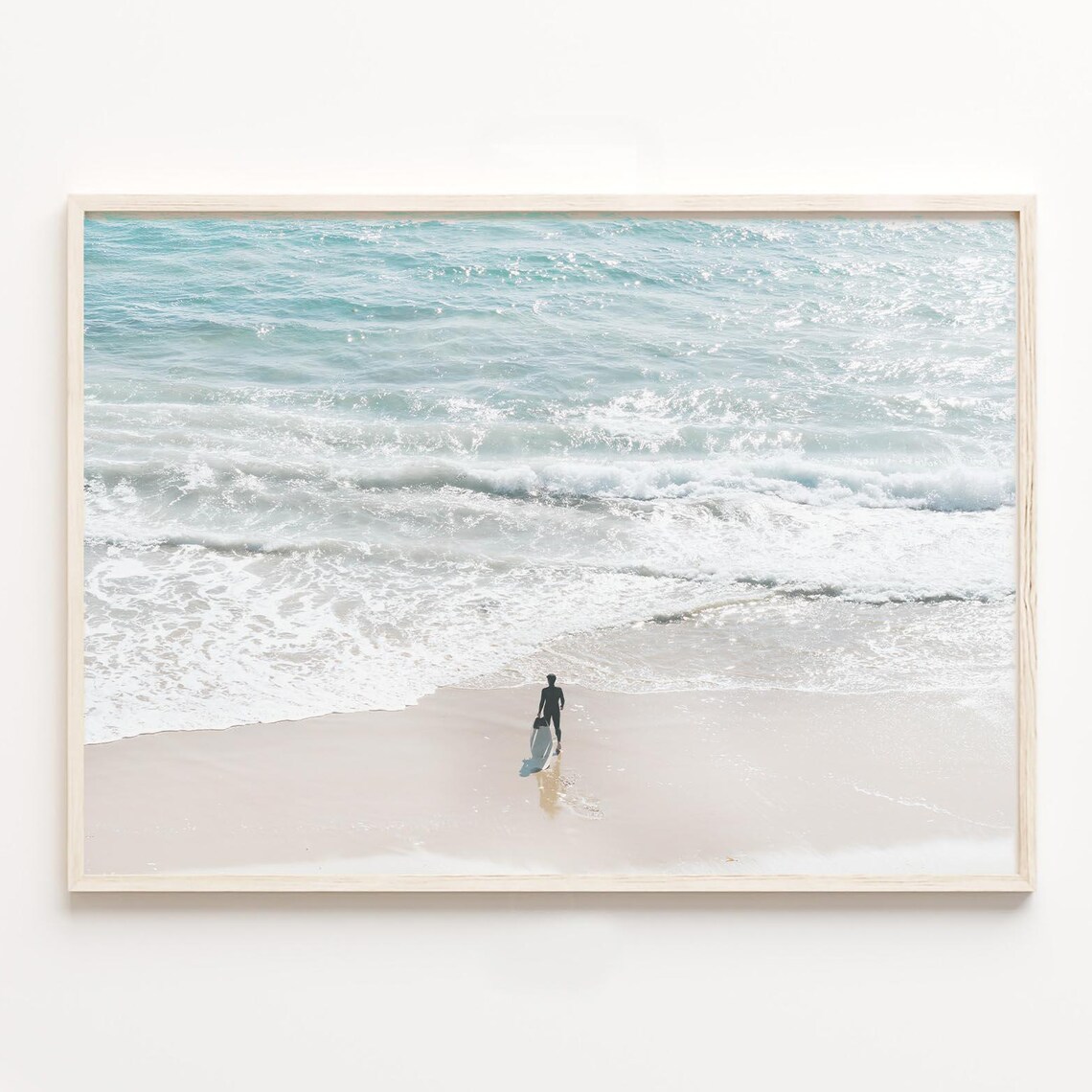 Lone Surfer Walking on Sandy Beach Aerial Ocean Photo Poster