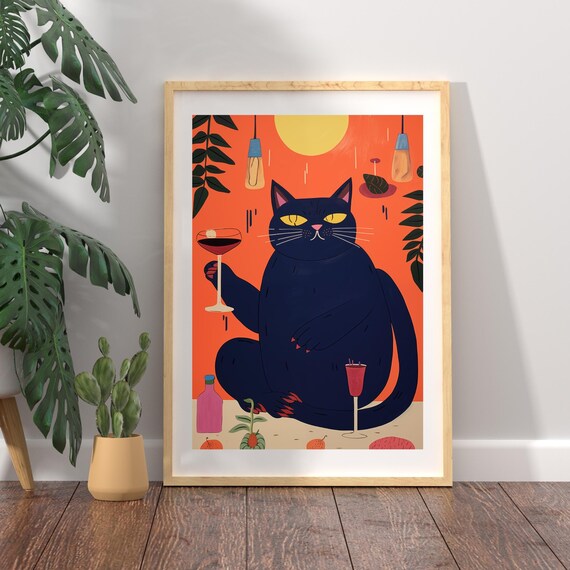 Smug Black Cat Sipping Cocktails at a Festive Party Art Poster