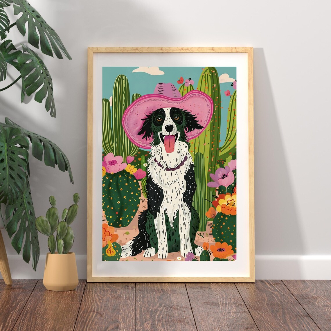 Border Collie In Pink Cowboy Hat Poster Cute Cactus Desert Artwork