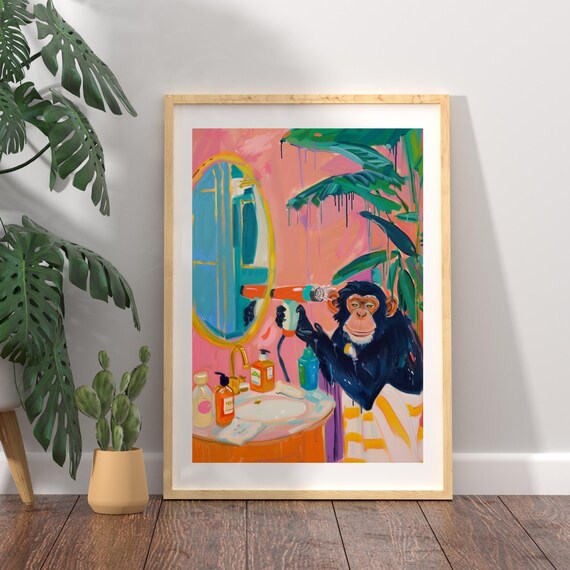 Funny Monkey Bathroom Wall Art Print, Whimsical Jungle