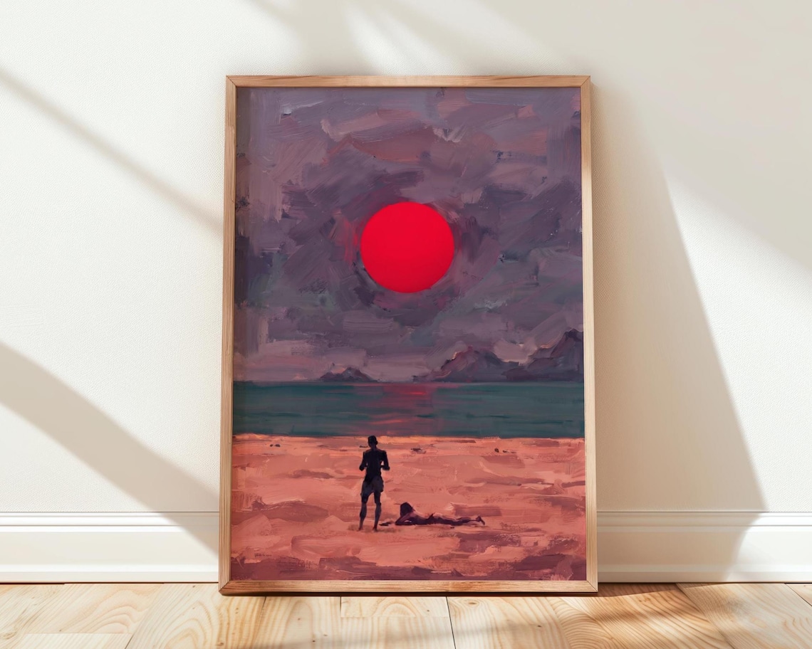 Red Sun Beach Print Moody Coastal Wall Art