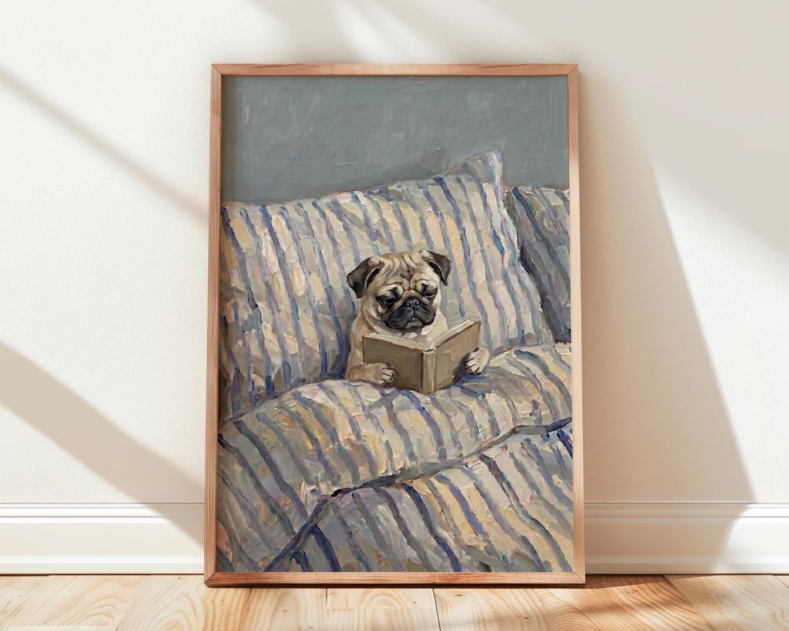 Pug In Bed Poster Dog Reading Book Wall Art