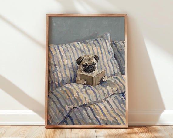 Pug In Bed Poster Dog Reading Book Wall Art