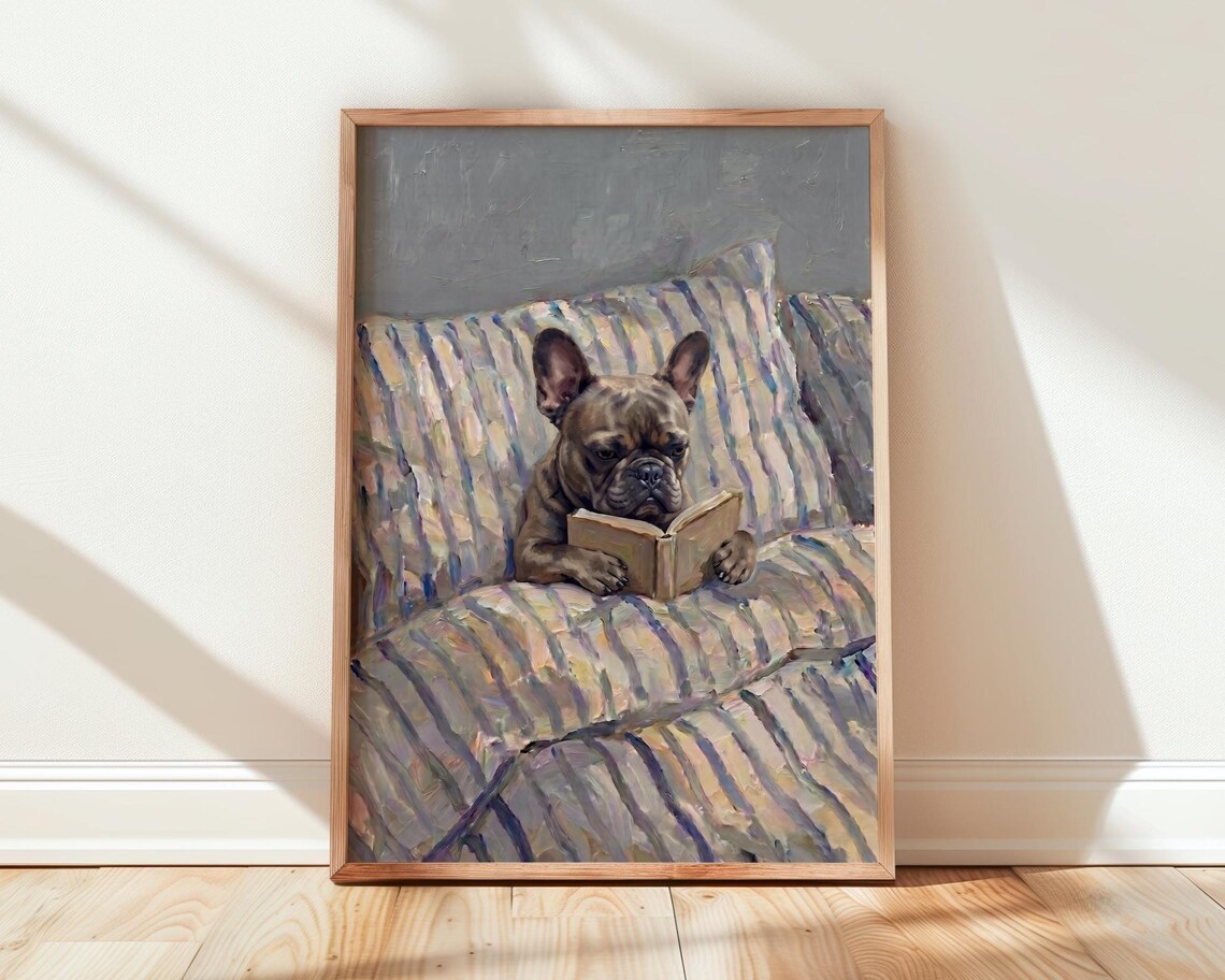 Fawn French Bulldog In Bed Print Dog Reading Book Wall Art