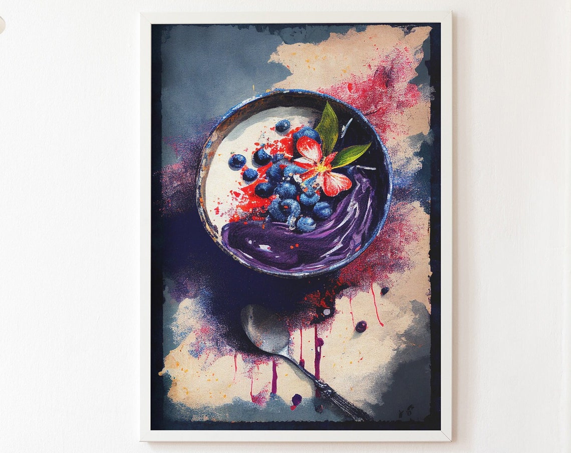 Blueberry Acai Bowl Top Down Splatter Watercolor Decor Poster