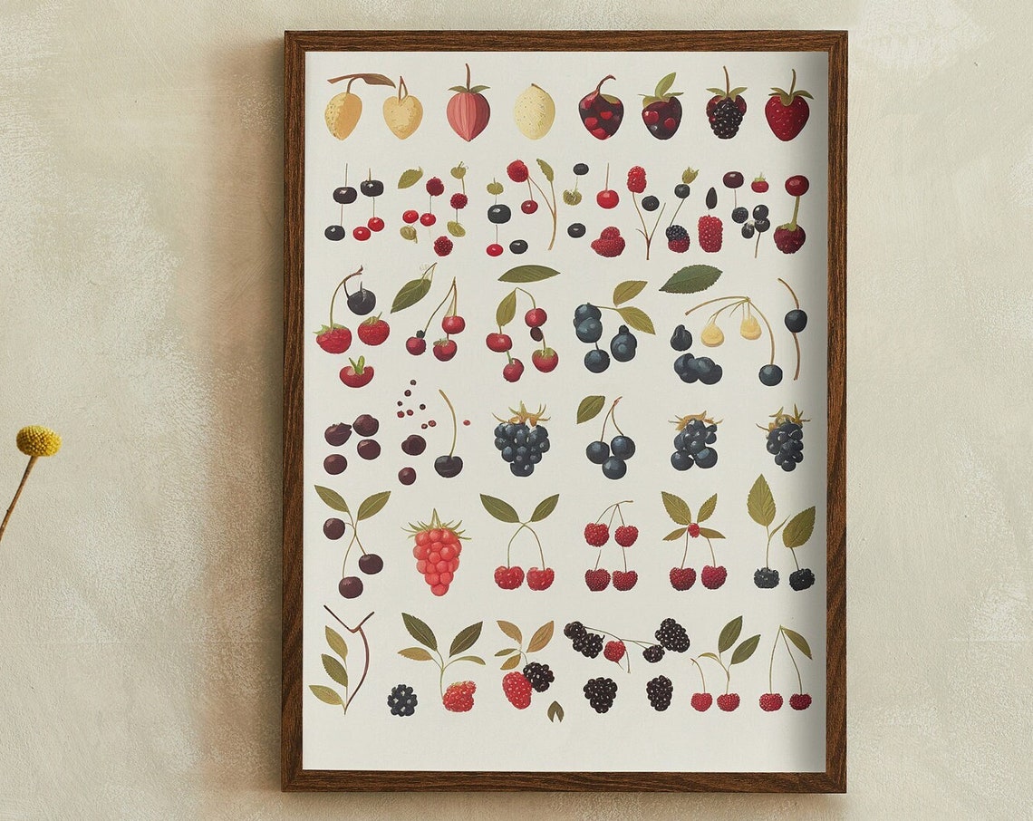 Retro Berry Chart Illustration with Cherries and Strawberries Poster
