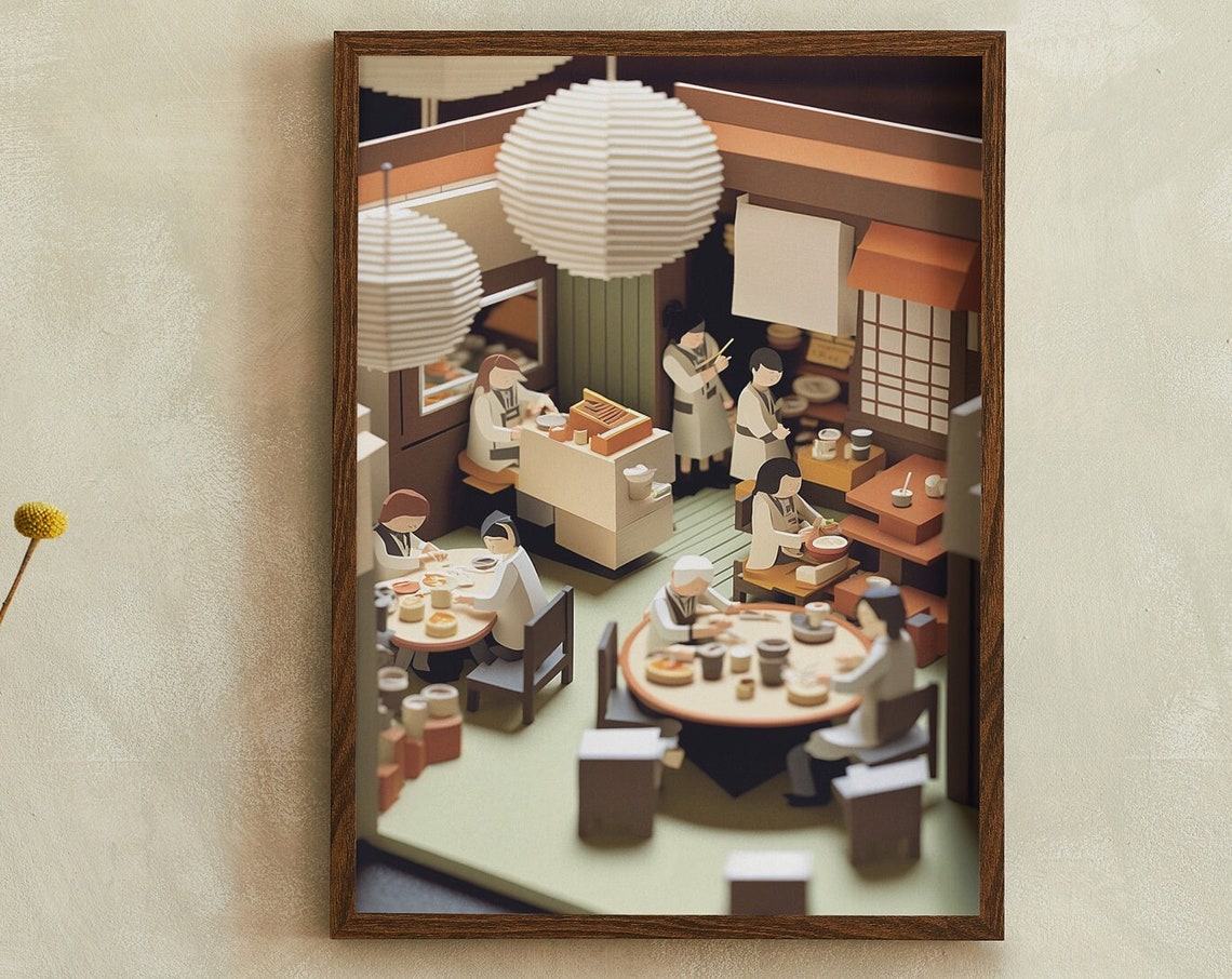 Japanese Sushi Restaurant Paper Art Diners Lantern Scene Poster