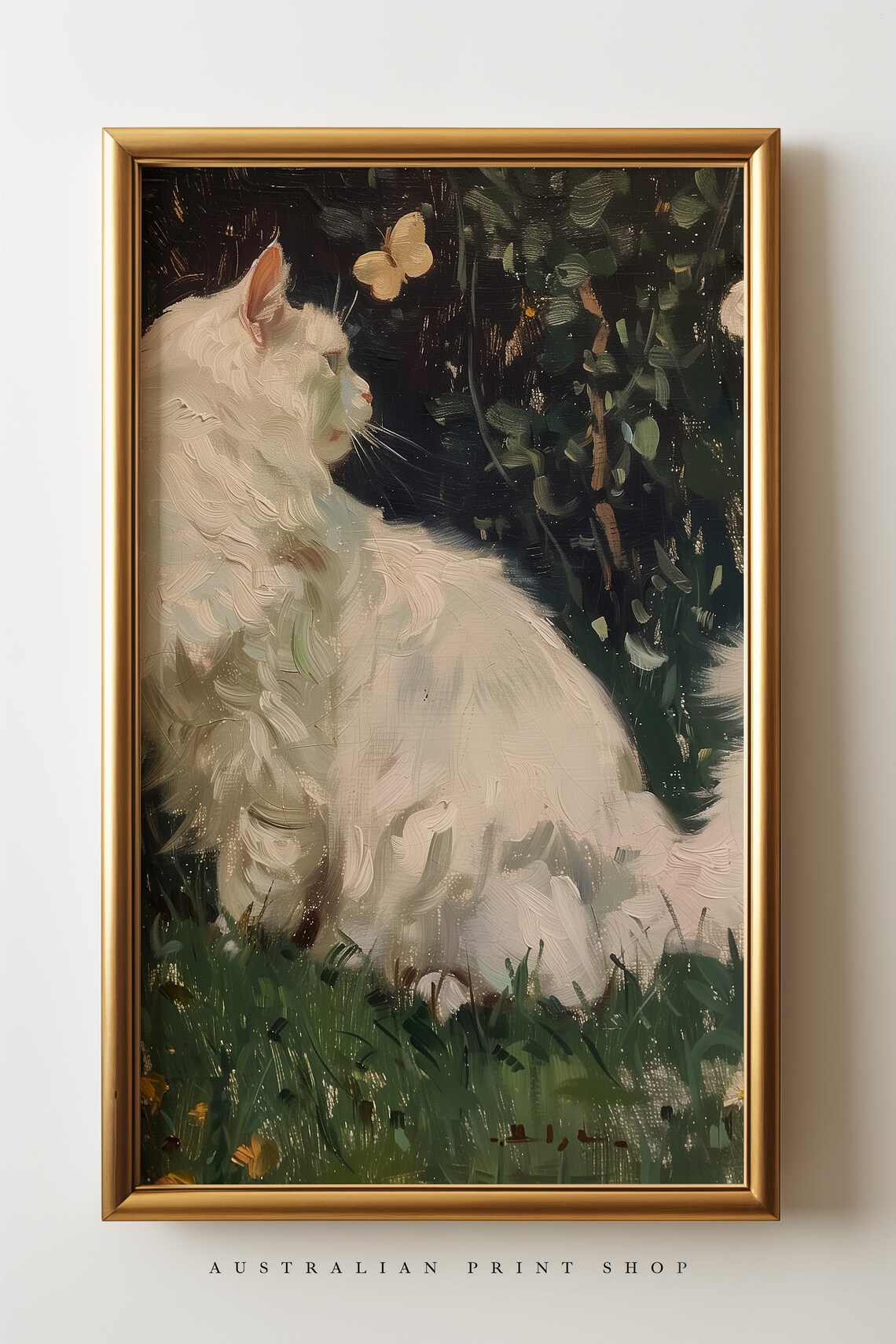 Fluffy White Cat Watching a Butterfly in a Dark Garden Cat Poster - Image 5